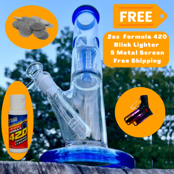12.2" Blue Mushroom Glass Bong Smoking Hookah Water Pipe+ Free Blink Lighter+Formula420+Screen